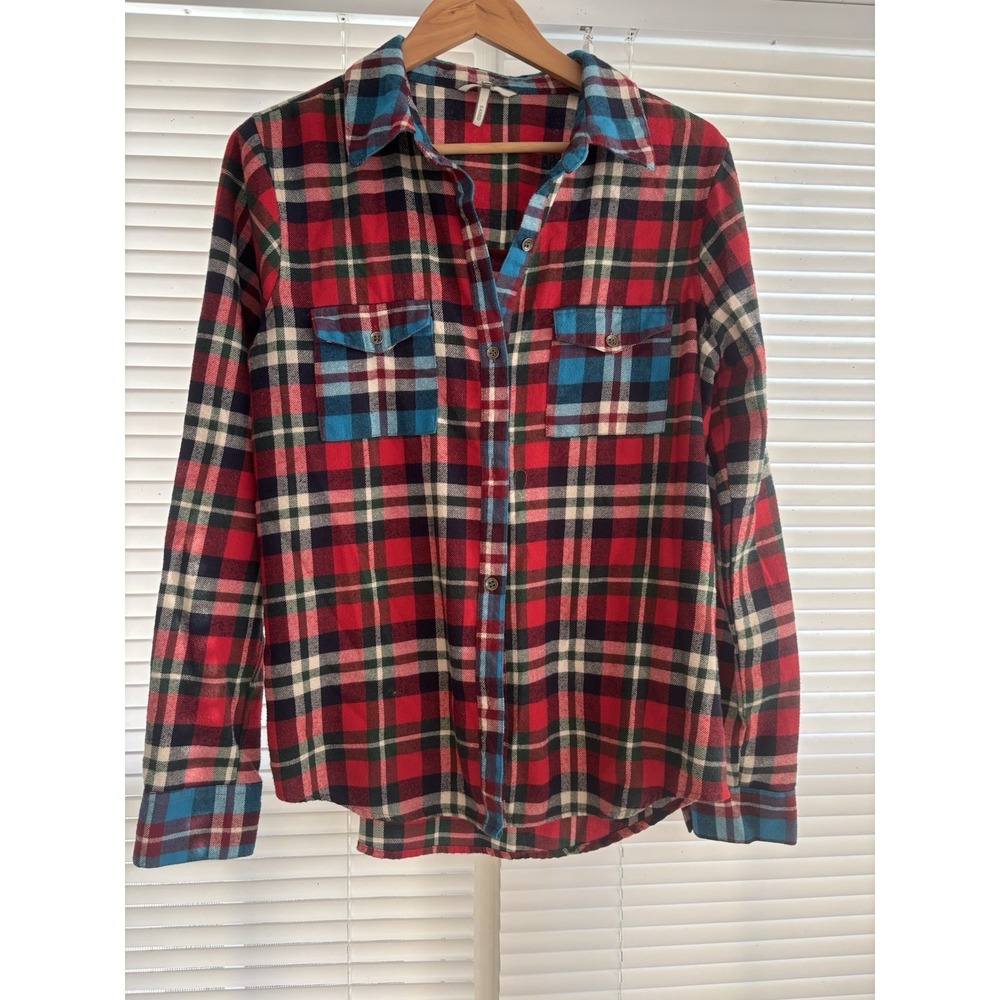BKE Eased Plaid‎ Flannel Shirt  Womens Med Contrasting Tartan Plaids Relaxed Fit